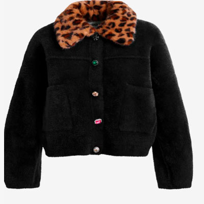 Black cardigan with removable leopard faux fur collar Intention