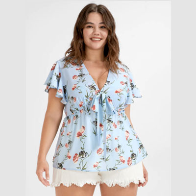 Floral Ruffles Knot V Neck Blouse
