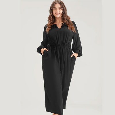 Solid Pocket Lantern Sleeve Keyhole Metal Neck Jumpsuit