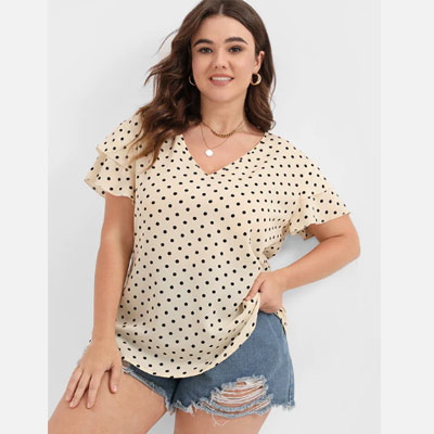 Polka Dot Ruffled Tiered V Neck Blouse