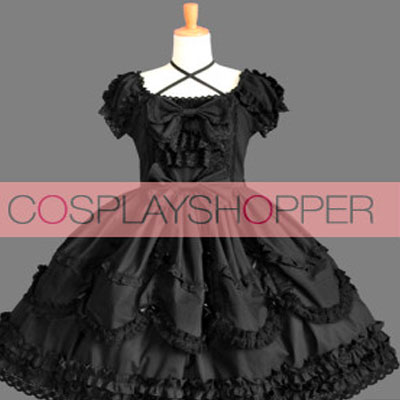 Black Short Sleeves Elegant Round Collar Gothic Lolita Dress