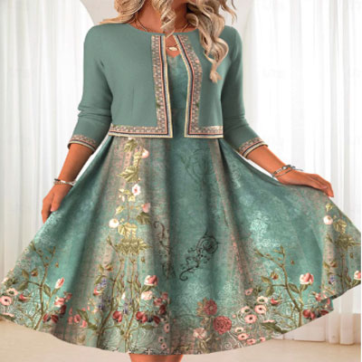 Two Piece Floral Print Sage Green Dress and Cardigan