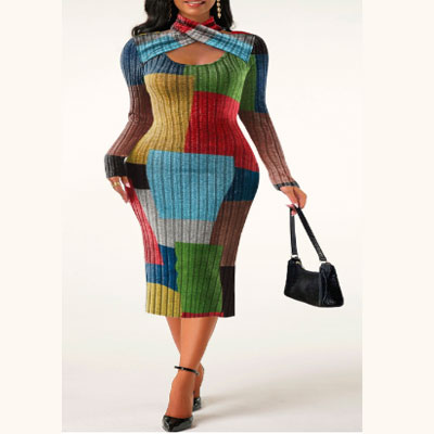 Plus Size Criss Cross Rainbow Color Geometric Print Dress