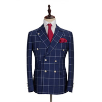Dark Blue Three Flap Pockets Double Breasted Plaid Men's Formal Suit for Business