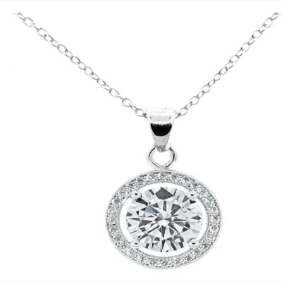 White Gold Plated Halo Pendant Necklace with Simulated Diamond Crystals