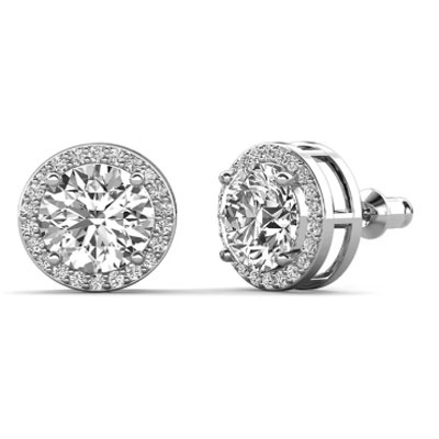 White Gold Plated Halo Stud Earrings with Simulated Diamond Crystals