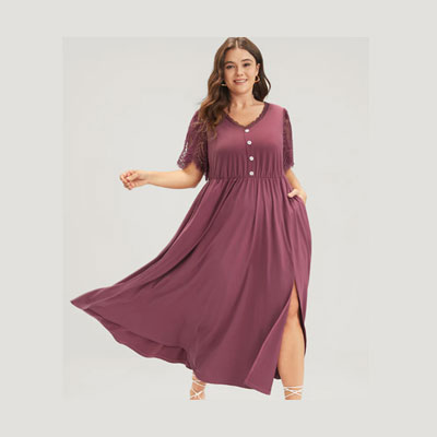 Solid Button Pocket Split Lace Sleeve Ruffle Hem Dress