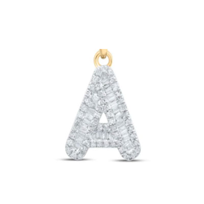 Small Initial Letter Baguette Diamond Pendant 10K Gold A-Z
