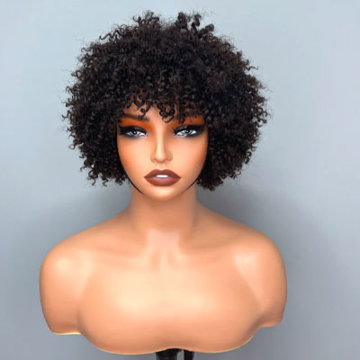 New 6 Inch Afro Kinky Curly Bob Color Wig With Bangs Curly Pixie Cut Glueless Wig