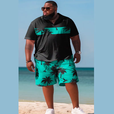 Art Coconut Color Block Polo Shirt And Shorts Two-Piece Set