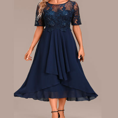 Navy Lace Short Sleeve Round Neck Dress
