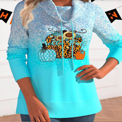 Halloween Mint Green Drawstring Long Sleeve Cowl Neck Sweatshirt