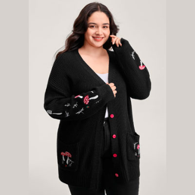 Mushroom Embroidery Textured Button Cardigan