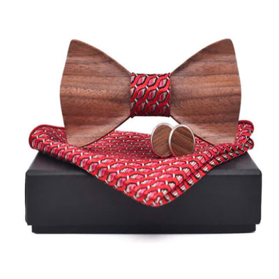 3Pcs Men's Black Walnut Wooden Bow Tie Set