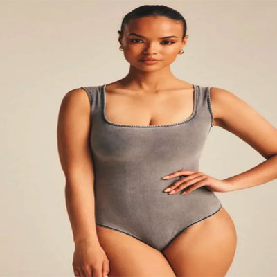 Scoop Neck Bodysuit - Grey Denim