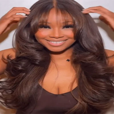 Density Highlights Brown Loose Body Wave Wig With Bangs Glueless Wigs Human Hair