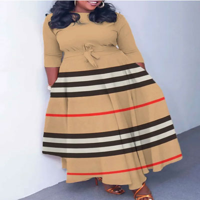 Classic Stripes Contrast Color Long Sleeve Pockets Maxi Dress