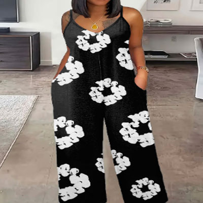 White Cotton Flowers Sleeveless Straight Jumpsuit