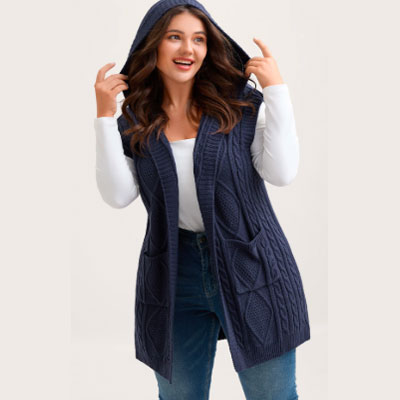 Twisted Hooded Sleeveless Knit Cardigan