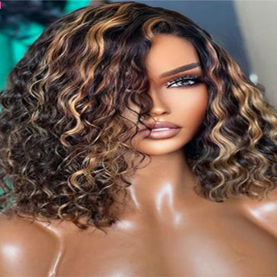 Short Deep Curly Highlight Honey Blonde Lace Front Bob Wig