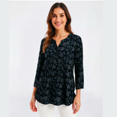 Womens Napa Valley Floral Pleat Knit Henley Blouse