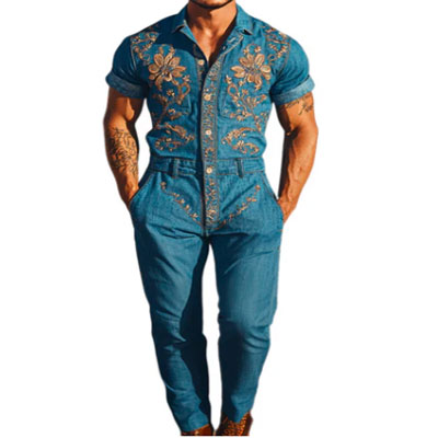 Men's Summer Fashion Casual Classic Western Style Tencel Denim Embroidered Jumpsuit