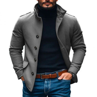 Men's Casual Wool Blend Lapel Single-breasted Slim Short Coat