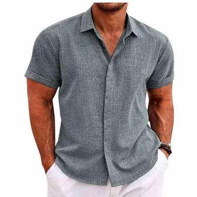 Men's Solid Color Lapel Cotton Linen Short Sleeve Shirt