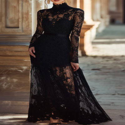 High Collar Black Lace Maxi Dress