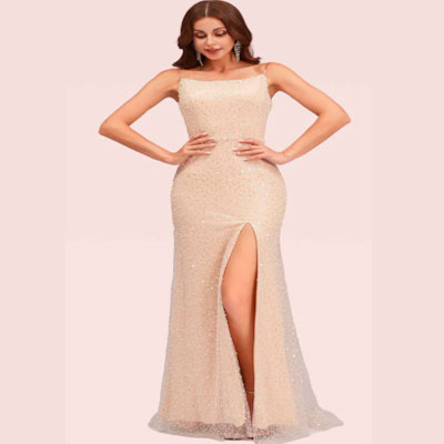 Spaghetti Straps Sequin Long Mermaid Prom Dresses With Slit