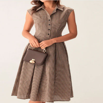 Brown Plaid Button Pleated Midi Dress