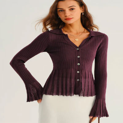 Purple Button Ribbed Knit Cardigan