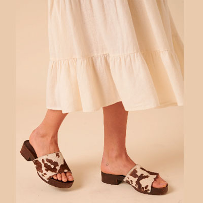 Brown Cow Print Leather Heeled Clogs