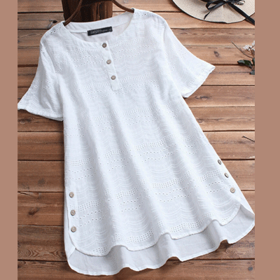 Women Pure Color High Low Hem Button Down Blouse