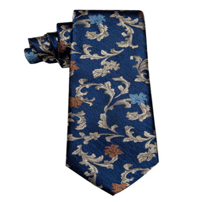 Navy Blue Champagne Floral Silk Necktie with Golden Tie Clip