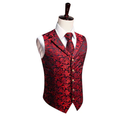 Floral Waistcoat Black Red Floral Silk Men's Vest Necktie Set