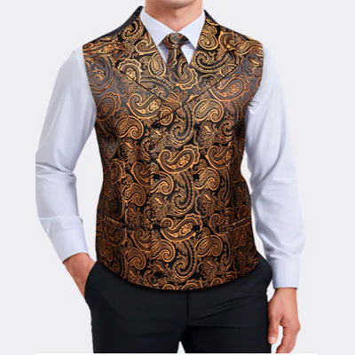 Men's Vest Black Gold Paisley Vest Pocket Square Cufflinks Tie Set