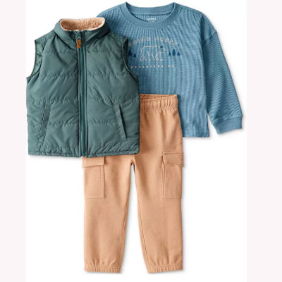 Toddler Boys Puffer Vest Going North Graphic T-Shirt & Cargo Pants, 3 Piece Set