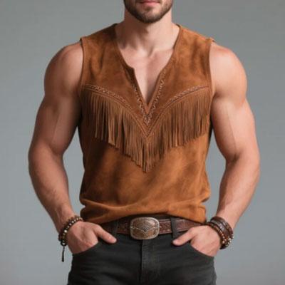 Okaywear V Neck Embroidery Fringe Suede Tank Top