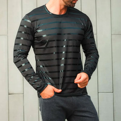 Metallic Shiny Stripe Crew Neck Black Long Sleeve Top