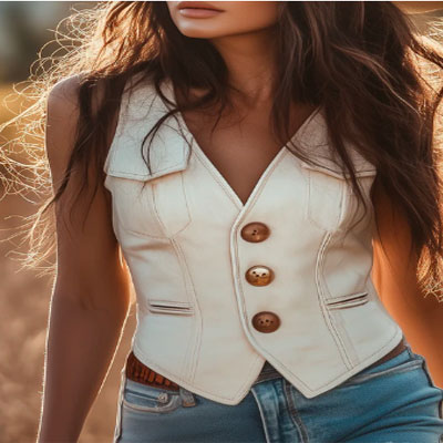 Western Style Gold Button White Suede Vest